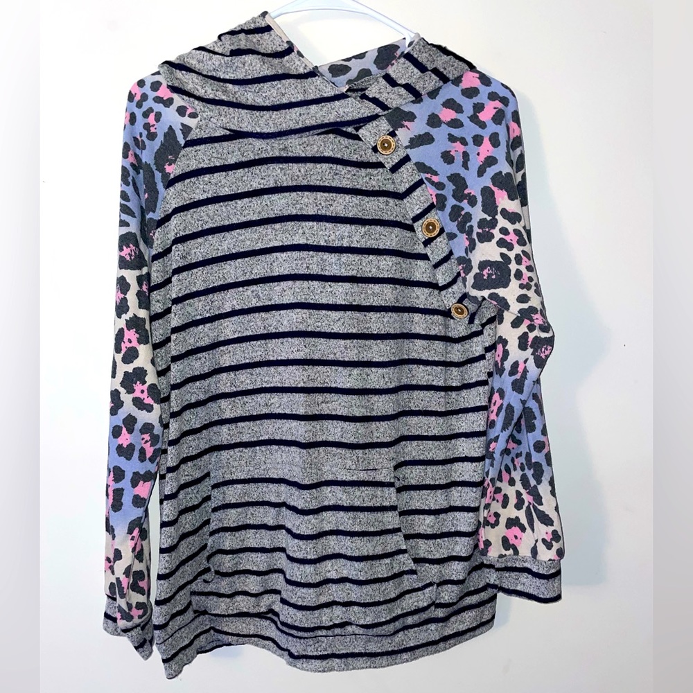 Leopard Button Detail Plush Hoodie